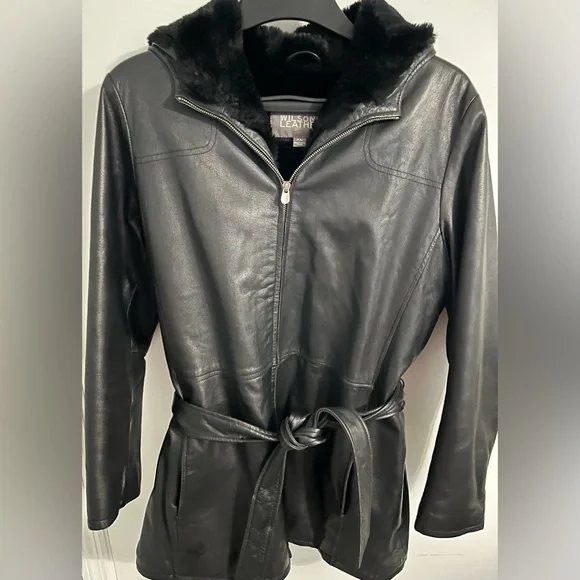 Vtg Wilson’s Leather Black 3/4 Length Coat Belted Soft Lining Warm Hooded Sz XL - Picture 1 of 9